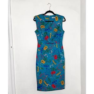 Calvin Klein Signature Pencil Midi Dress in Teal Floral Print